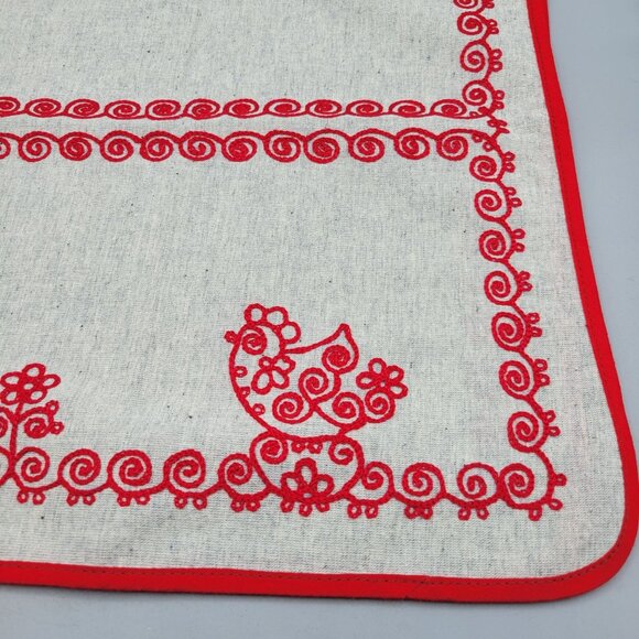 Finnish Embroidered Linen Table Runner Red Chicken Flowers Swirls Design - Picture 2 of 4